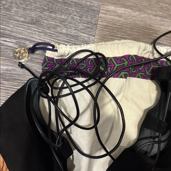 Tory Burch Black Suede Leather Lace Up Tie Tan Wedge Sandal Heels 9.5 - Picture 14 of 14